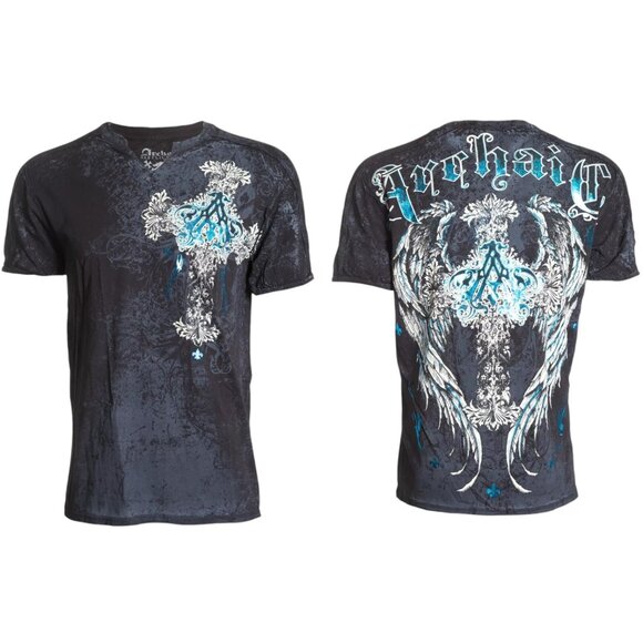 ARCHAIC by AFFLICTION Black MAUSOLEUM Short Sleeve Slim Fit Y2K T-shirt NWT - Picture 2 of 8